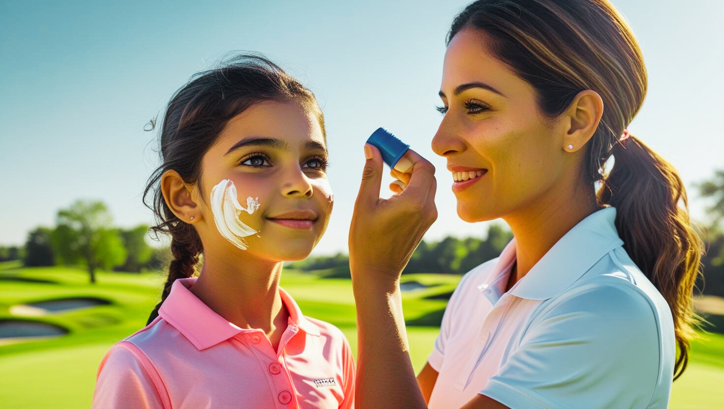 Junior Girl Golfer mom using protecting kid from UV