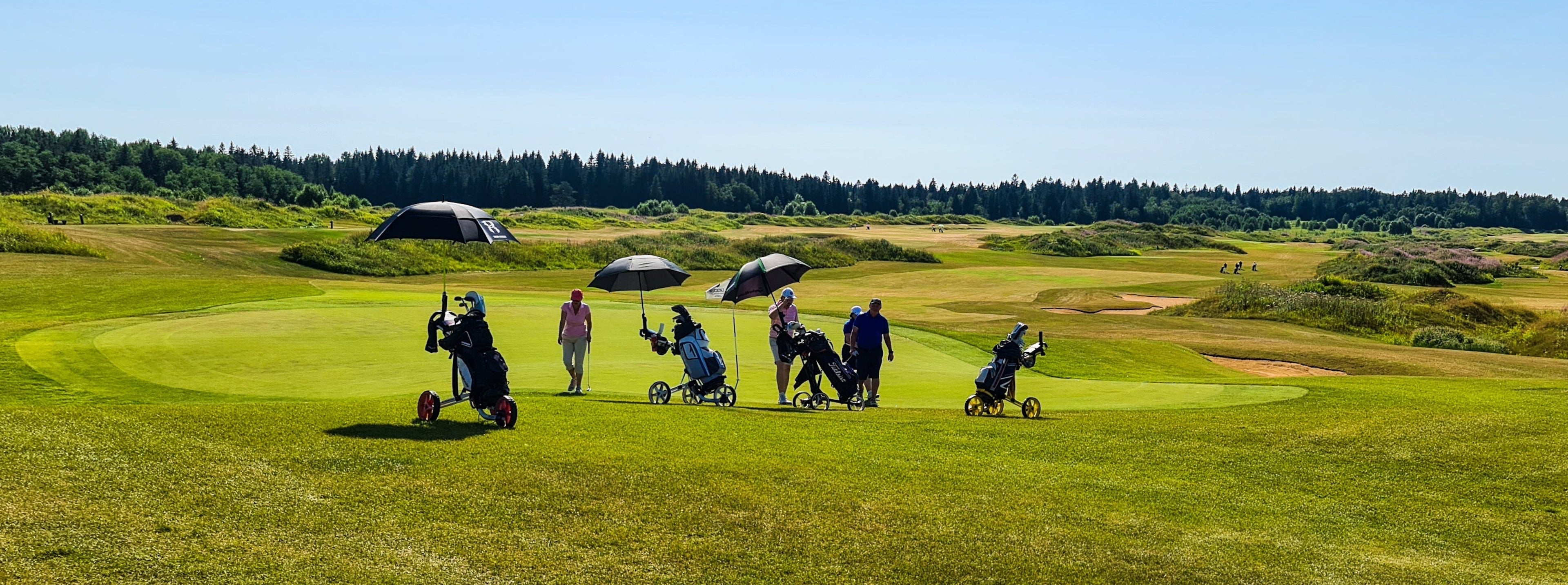 A wide-angle view of junior girl golfers standing on a lush green golf course next to a scenic lake with their golf bags and push carts under a bright sunny sky.